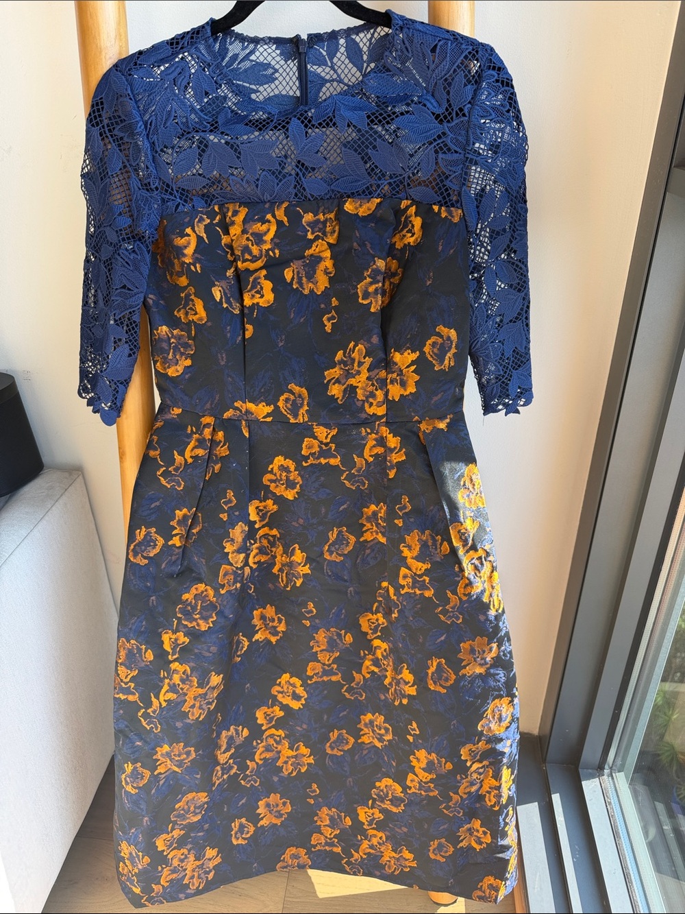 FUN Navy Lace-Trim Midi Dress with Gold Floral Print w/pockets